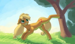 Size: 1958x1160 | Tagged: safe, artist:escapist, imported from derpibooru, applejack, earth pony, pony, applebucking, floppy ears, hatless, missing accessory, solo