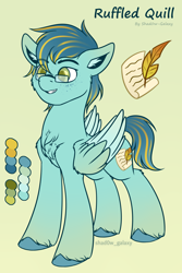 Size: 2000x3000 | Tagged: safe, artist:shad0w-galaxy, imported from derpibooru, oc, oc only, oc:ruffled quill, pegasus, pony, chest fluff, colored wings, cute, ear fluff, freckles, glasses, gradient background, gradient hooves, gradient mane, gradient tail, gradient wings, green eyes, high res, male, multicolored hair, multicolored wings, reference sheet, simple background, smiling, solo, stallion, tail, text, unshorn fetlocks, wings