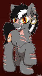 Size: 2160x3840 | Tagged: safe, artist:monycaalot, imported from derpibooru, oc, oc only, oc:diablo alias cartaphilus, demon, earth pony, abstract background, ear piercing, earring, earth pony oc, full body, jewelry, looking at you, male, piercing, scar, smiling, smiling at you, solo