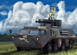 Size: 1280x905 | Tagged: safe, artist:dr-fade, imported from derpibooru, oc, oc only, oc:ukraine, earth pony, pony, current events, military, nation ponies, sky, solo, ukraine, vehicle