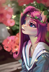 Size: 2845x4161 | Tagged: safe, artist:annna markarova, imported from derpibooru, fluttershy, anthro, butterfly, beautiful, bust, clothes, female, floral head wreath, flower, high res, looking at something, looking up, outdoors, portrait, sailor uniform, school uniform, solo, stray strand, three quarter view, uniform, vertical