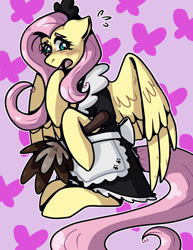 Size: 1024x1326 | Tagged: safe, artist:the-viscount-of-art, imported from derpibooru, fluttershy, pegasus, pony, clothes, duster, emanata, female, fluttermaid, hoof hold, maid, mare, open mouth, sitting, solo