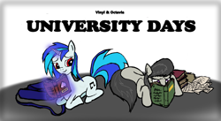 Size: 3303x1815 | Tagged: safe, artist:p4lo8, imported from derpibooru, dj pon-3, octavia melody, vinyl scratch, earth pony, pony, unicorn, fanfic:university days, 2012, book, brony history, drawing, fanfic, fanfic art, fanfic cover, female, lesbian, levitation, magic, mare, red eyes, scratchtavia, shipping, telekinesis