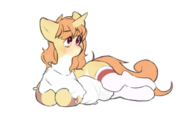 Size: 5000x3500 | Tagged: safe, artist:osukel, imported from derpibooru, oc, oc only, oc:zola, unicorn, blushing, body pillow, clothes, horn, hug, pillow, pillow hug, simple background, sketch, socks, solo, unicorn oc, white background
