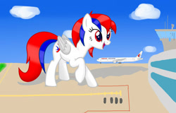 Size: 1610x1028 | Tagged: safe, artist:lywings, imported from derpibooru, oc, pony, airport, boeing, boeing 777, china, china eastern airlines, ge90, giant pony, macro, parking lot, plane, ponified, solo, taxiway