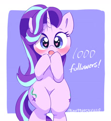 Size: 2176x2379 | Tagged: safe, artist:leo19969525, imported from derpibooru, starlight glimmer, pony, unicorn, 1000 followers, bipedal, blushing, both cutie marks, cute, featureless crotch, female, followers, glimmerbetes, heart, heart eyes, high res, hoof over mouth, looking at you, mare, open mouth, signature, simple background, solo, text, thighs, wingding eyes