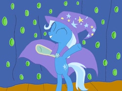 Size: 1024x765 | Tagged: safe, artist:mlpfan1993, imported from derpibooru, trixie, pony, unicorn, boast busters, ^^, bipedal, cape, clothes, eyes closed, female, hat, mare, smiling, solo, stage, trixie's cape, trixie's hat