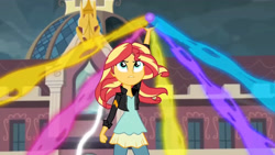 Size: 3410x1920 | Tagged: safe, imported from derpibooru, screencap, sunset shimmer, equestria girls, friendship games, canterlot high, clothes, female, high res, jacket, leather, leather jacket, magic capture device, solo