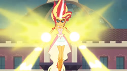 Size: 3410x1920 | Tagged: safe, imported from derpibooru, screencap, sunset shimmer, equestria girls, friendship games, bare shoulders, canterlot high, daydream shimmer, female, high res, sleeveless, solo, strapless