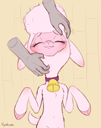 Size: 1243x1576 | Tagged: safe, artist:hyakuen, imported from derpibooru, human, lamb, sheep, them's fightin' herds, adorapom, belly button, blushing, chest fluff, cloven hooves, community related, cute, disembodied hand, ear blush, eyes closed, fluffy, hand, lying down, on back, petting, pom (tfh), relaxed, scratches, simple background, smiling, when she smiles