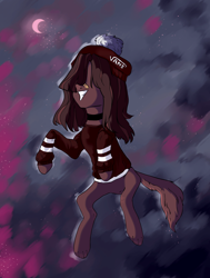 Size: 1920x2537 | Tagged: safe, artist:chukcha, imported from derpibooru, oc, oc only, dog, dog pony, bandaid, bandaid on nose, choker, clothes, crescent moon, grin, hair over eyes, hat, moon, shirt, smiling, solo, tail