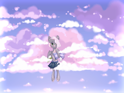 Size: 1920x1434 | Tagged: safe, artist:chukcha, imported from derpibooru, oc, oc only, pegasus, pony, clothes, cloud, female, mare, skirt, smiling, solo