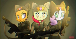 Size: 1736x909 | Tagged: safe, artist:mistleinn, imported from derpibooru, apple bloom, scootaloo, sweetie belle, anthro, clothes, crossover, female, helmet, meme, trio, uniform, warhammer (game), warhammer 40k, weapon