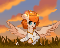 Size: 1920x1539 | Tagged: safe, artist:chukcha, imported from derpibooru, oc, oc only, pegasus, pony, clothes, laurel wreath, looking at you, smiling, solo, spread wings, wings