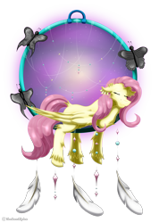 Size: 2317x3255 | Tagged: safe, artist:thebenalpha, imported from derpibooru, fluttershy, butterfly, pegasus, pony, chest fluff, dreamcatcher, ear fluff, eyes closed, feather, floppy ears, simple background, sleeping, solo, transparent background, unshorn fetlocks