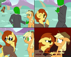 Size: 5000x4000 | Tagged: safe, artist:legendoflink, imported from derpibooru, applejack, oc, oc:anon, oc:postal mare, earth pony, human, pony, 4 panel comic, angry, clothes, comic, cowboy hat, female, freckles, hat, male, mare, necktie, outdoors, postal, postal 2, postal dude, rule 63, smiling, suit, sunglasses, that escalated quickly, threatening, trenchcoat, vulgar, yandere