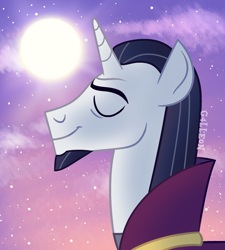 Size: 1700x1890 | Tagged: safe, artist:g4lleon, imported from derpibooru, chancellor neighsay, pony, unicorn, colorful, dark sky, eyes closed, happy, majestic, peaceful, pink sky, purple background, purple sky, simple background, smiling, sun, sunrise, when he smiles