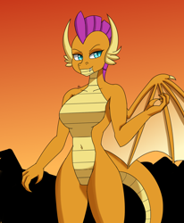 Size: 1400x1700 | Tagged: safe, artist:zachc, imported from derpibooru, smolder, anthro, dragon, breasts, claws, featureless breasts, female, lizard breasts, smiling, solo, wings