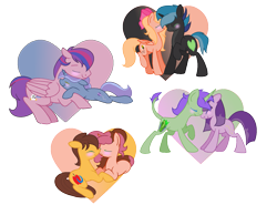 Size: 1573x1166 | Tagged: safe, artist:jeanettemiller547, artist:riot-bases, imported from derpibooru, oc, oc only, oc:apple crescent, oc:bumble honey, oc:emerald, oc:ink quill, oc:party foul, oc:transparent, changepony, dracony, earth pony, hybrid, pegasus, pony, unicorn, base used, boop, cuddling, eyes closed, female, gay, heart, interspecies offspring, male, mare, noseboop, oc x oc, offspring, offspring shipping, parent:applejack, parent:big macintosh, parent:caramel, parent:flash sentry, parent:fluttershy, parent:pinkie pie, parent:pokey pierce, parent:queen chrysalis, parent:rarity, parent:shining armor, parent:spike, parent:twilight sparkle, parents:carajack, parents:flashlight, parents:fluttermac, parents:pokeypie, parents:shining chrysalis, parents:sparity, shipping, simple background, stallion, straight, transparent background