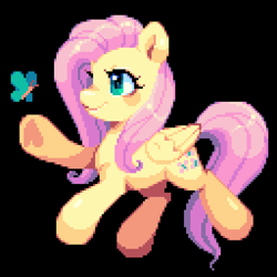 Size: 640x640 | Tagged: safe, artist:hikkage, imported from derpibooru, fluttershy, butterfly, pegasus, pony, black background, cute, pixel art, shyabetes, simple background, solo