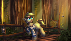 Size: 5000x2900 | Tagged: safe, artist:atlas-66, imported from derpibooru, oc, oc only, earth pony, pony, bridge, clothes, female, forest, lamp, lantern, mare, solo