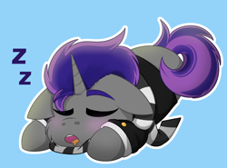 Size: 1422x1050 | Tagged: safe, artist:rokosmith26, imported from derpibooru, oc, oc only, pony, unicorn, blue background, blushing, cheek fluff, chibi, clothes, commission, cute, eyes closed, floppy ears, horn, lying down, male, open mouth, prone, scarf, simple background, sleeping, solo, stallion, striped scarf, suit, tail, two toned mane, unicorn oc, ych result