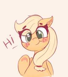 Size: 804x911 | Tagged: dead source, safe, artist:kqaii, imported from derpibooru, applejack, earth pony, pony, cute, hi, jackabetes, looking at you, missing accessory, solo, talking to viewer