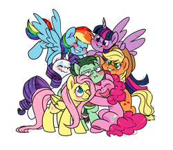 Size: 2300x2000 | Tagged: safe, artist:paperbagpony, imported from derpibooru, applejack, fluttershy, pinkie pie, rainbow dash, rarity, twilight sparkle, oc, oc:dimbulb, alicorn, :i, blushing, cute, glasses, group hug, hug, lucky bastard, mane six, raribetes, shyabetes, simple background, transparent background, twiabetes, twilight sparkle (alicorn)