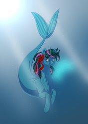 Size: 2059x2912 | Tagged: safe, artist:ellor-kriston, imported from derpibooru, oc, oc only, fish, merpony, pony, seapony (g4), unicorn, blue background, bubble, female, fish tail, flowing mane, flowing tail, mare, ocean, seaponified, simple background, solo, species swap, sunlight, tail, underwater, water