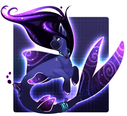 Size: 1200x1097 | Tagged: safe, artist:paintedwave, imported from derpibooru, oc, oc only, hybrid, merpony, seapony (g4), adoptable, bioluminescent, dorsal fin, fins, fish tail, flowing tail, glowing, jewelry, necklace, orange eyes, purple background, purple mane, simple background, smiling, solo, tail, transparent background
