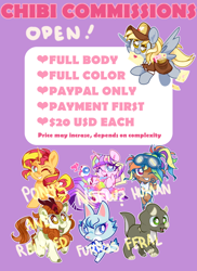 Size: 800x1100 | Tagged: safe, artist:yokokinawa, imported from derpibooru, autumn blaze, derpy hooves, rainbow dash, sunset shimmer, advertisement, chibi, commission info