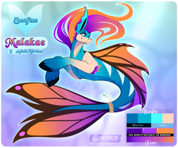 Size: 1063x885 | Tagged: safe, artist:paintedwave, imported from derpibooru, oc, oc only, merpony, seapony (g4), adoptable, blue eyes, crepuscular rays, dorsal fin, female, fins, fish tail, flowing mane, flowing tail, logo, looking at you, mare, ocean, smiling, solo, sunlight, swimming, tail, underwater, unshorn fetlocks, water