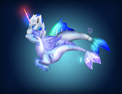 Size: 1659x1272 | Tagged: safe, artist:jahpan, imported from derpibooru, oc, oc only, hybrid, merpony, seapony (g4), unicorn, blue background, blue eyes, dorsal fin, female, fish tail, flowing mane, flowing tail, glowing, glowing horn, horn, male, mare, ocean, shipping, simple background, stallion, swimming, tail, underwater, water