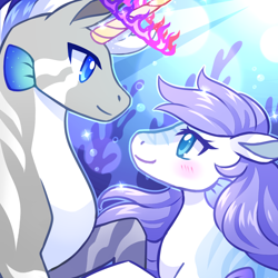 Size: 1000x1000 | Tagged: safe, artist:miizue, imported from derpibooru, oc, oc only, hybrid, merpony, pony, seapony (g4), unicorn, blue eyes, bubble, coral, crepuscular rays, female, fins, flowing mane, horn, looking at each other, looking at someone, male, mare, ocean, purple mane, seaponified, shipping, size difference, smiling, sparkles, species swap, stallion, sunlight, underwater, water