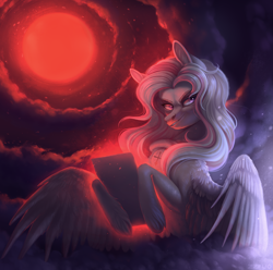 Size: 3378x3357 | Tagged: safe, artist:zzruo, imported from derpibooru, oc, oc only, oc:glittering silver, pegasus, blood moon, cloud, evil grin, female, grin, mirror, moon, smiling