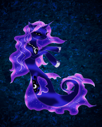 Size: 1200x1500 | Tagged: safe, artist:lisarutherfordium, imported from derpibooru, princess luna, alicorn, hybrid, merpony, pony, sea pony, seapony (g4), blue background, blue mane, dorsal fin, ethereal mane, female, fins, fish tail, flowing mane, flowing tail, hoof shoes, horn, mare, mermay, ocean, seaponified, seapony luna, simple background, solo, species swap, starry mane, swimming, tail, underwater, water