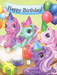 Size: 400x529 | Tagged: safe, imported from derpibooru, fluttershy (g3), minty, rainbow flash, wysteria, earth pony, pony, balloon, birthday cake, birthday party, cake, cup, food, g3, happy birthday, hat, official, party, party hat, plate, present, sitting, table