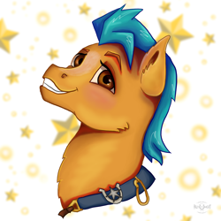 Size: 2755x2755 | Tagged: safe, artist:palettenight, imported from derpibooru, hitch trailblazer, earth pony, pony, spoiler:g5, big smile, cute, embarrassed, g5, looking at you, male, sheriff, smiling, solo, stallion, stars