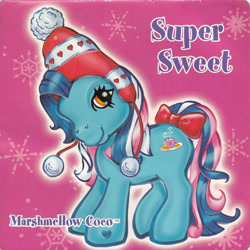 Size: 1080x1080 | Tagged: safe, imported from derpibooru, rarity, earth pony, pony, blue coat, blue mane, bow, brown eyes, caption, clothes, female, g3, hat, heart, hoof heart, marshmellow coco (g3), name tag, official, pattern, pink background, pink mane, pom pom, shipping, simple background, snow, snowflake, solo, tail, tail bow, text, winter hat, winter outfit
