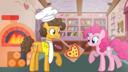 Size: 1280x720 | Tagged: safe, artist:mlplary6, imported from derpibooru, cheese sandwich, pinkie pie, earth pony, pony, cheesepie, chef's hat, female, food, hat, male, mare, meat, pepperoni, pepperoni pizza, pizza, shipping, size difference, smiling, stallion, straight