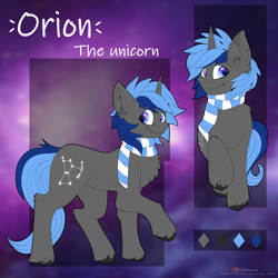 Size: 2500x2500 | Tagged: safe, artist:kianara, imported from derpibooru, oc, oc only, oc:orion, unicorn, chest fluff, clothes, ear fluff, reference sheet, scarf, solo, striped scarf, twitter link