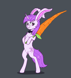 Size: 1877x2041 | Tagged: safe, artist:rosik, artist:xbi, imported from derpibooru, oc, oc only, oc:lapush buns, bipedal, bowtie, bunny ears, bunnycorn, carrot, food, gray background, male, simple background, solo, stallion