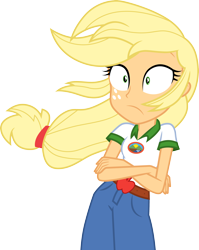 Size: 3000x3775 | Tagged: safe, artist:cloudy glow, imported from derpibooru, applejack, equestria girls, legend of everfree, .ai available, clothes, crossed arms, female, freckles, shorts, shrunken pupils, simple background, solo, transparent background, vector, windswept hair