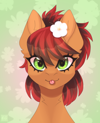 Size: 3528x4320 | Tagged: safe, artist:elektra-gertly, imported from derpibooru, oc, oc only, oc:spot shine, earth pony, pony, :p, bust, colored background, cute, drawing, eye clipping through hair, female, flower, high res, looking at you, mare, ocbetes, portrait, smiling, smiling at you, solo, tongue out