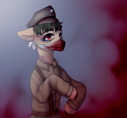 Size: 1920x1794 | Tagged: safe, artist:chukcha, imported from derpibooru, oc, oc only, earth pony, pony, bandana, blood, clothes, ear piercing, hat, looking at you, male, piercing, solo, stallion, unshorn fetlocks