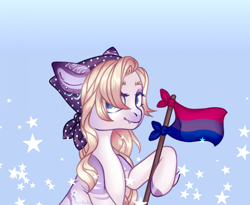 Size: 1920x1578 | Tagged: safe, artist:chukcha, imported from derpibooru, oc, oc only, earth pony, pony, bisexual pride flag, clothes, ear piercing, fangs, female, flag, looking at you, mare, piercing, pride, pride flag, scarf, smiling, solo, stars, unshorn fetlocks
