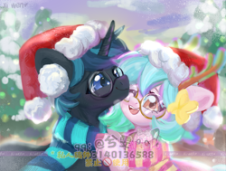 Size: 2185x1650 | Tagged: safe, artist:xi wen, imported from derpibooru, oc, oc only, oc:楠, pony, unicorn, christmas, clothes, glasses, hat, holiday, muffler, obtrusive watermark, santa hat, scarf, snow, striped scarf, sweethearts, watermark