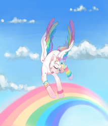 Size: 1920x2238 | Tagged: safe, artist:chukcha, imported from derpibooru, oc, oc only, pegasus, pony, bandaid, barrette, cloud, colored wings, eyes closed, female, flying, jewelry, mare, multicolored wings, necklace, rainbow, rainbow wings, sky, smiling, solo, spread wings, tail bracelet, wings, wristband