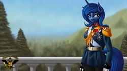 Size: 7680x4320 | Tagged: safe, artist:tsaritsaluna, imported from derpibooru, princess luna, alicorn, anthro, clothes, female, forest, gloves, looking at you, mare, medal, medals, military uniform, mountain, sash, uniform