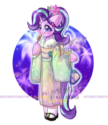 Size: 1200x1380 | Tagged: safe, artist:xi wen, imported from derpibooru, starlight glimmer, semi-anthro, unicorn, alternate hairstyle, clothes, dango, fireworks, food, geta, kimono (clothing), obtrusive watermark, oden, simple background, solo, standing, watermark, white background